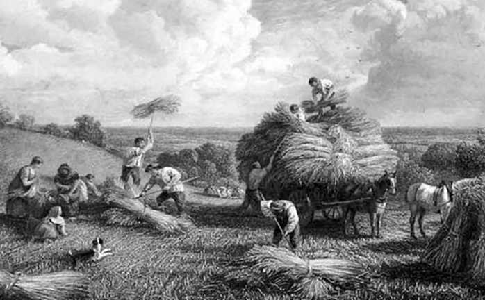 Engraving of farm workers bringing in the harvest